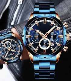 Relógio Curren de pulso masculino, relógio azul de aço inoxidável